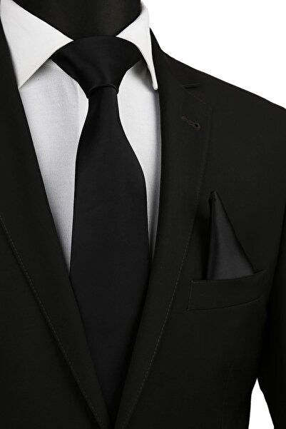 La Pescara Plain Satin Black Tie with Handkerchief 1111