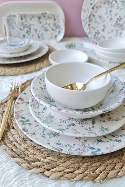 Keramika Flowers Mat Beyaz 62 Parça 6 Kişilik Kahvaltı Yemek Takımı