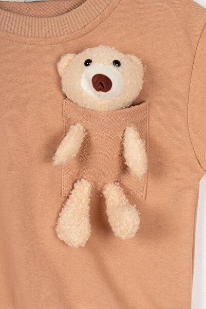 zepkids Crew Neck Long Sleeve Beige Color Boy's Tracksuit Set with Teddy Bear