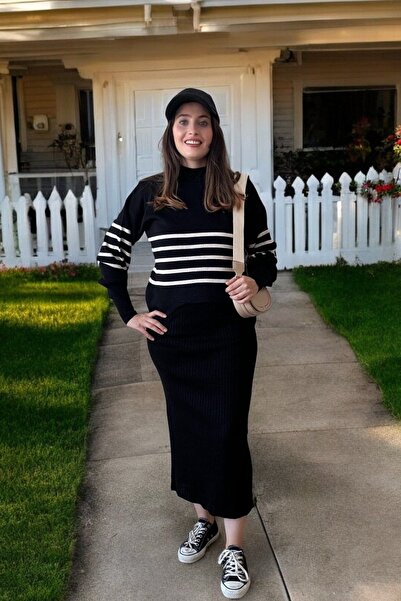 Entropy Yatay Çizgili Fileli Triko  Takım  -  Siyah