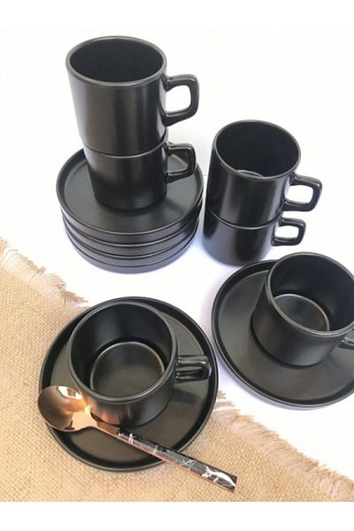GULHANILE Stackable Matte Black 12 Piece Nescafe Tea Set for 6 People