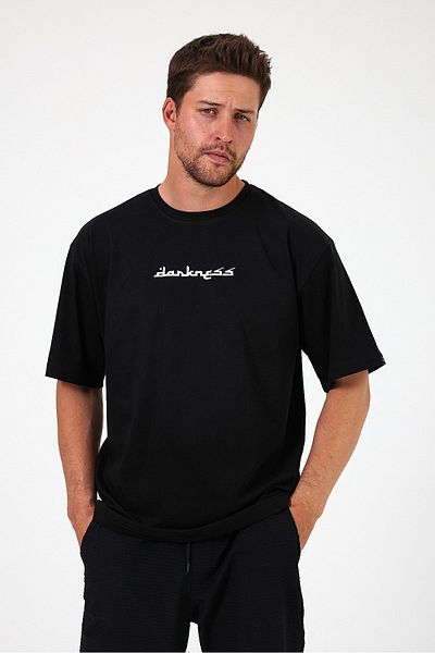 THE RULE Ανδρικό μπλουζάκι Darkness Back Printed Oversize 100% βαμβακερό φαρδύ φαρδύ κομμένο λαιμόκοψη φαρδύ μαύρο μπλουζάκι