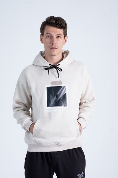 THE RULE Ανδρικό μπλουζάκι μπεζ Oversize Fit με στάμπα με κουκούλα και μαλακό γούνινο εσωτερικό