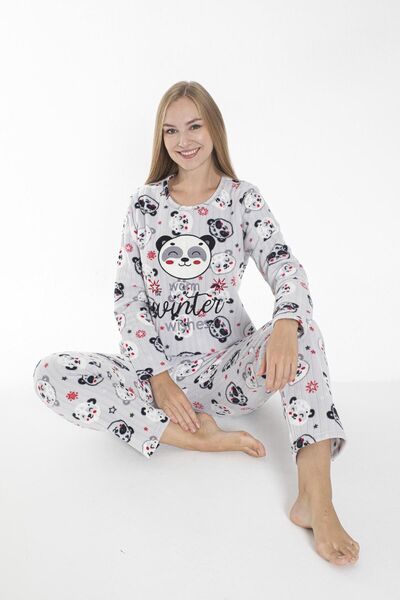 Estiva Kadın Kışlık Panda Desenli Fitilli Polar Pijama Takımı Beyaz