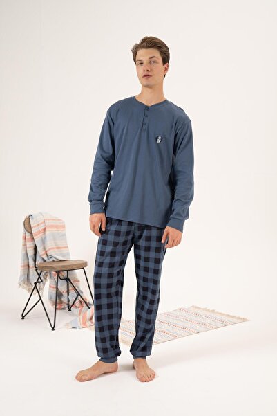 Estiva Men's Winter Indigo Pajama Set - Button Collar, Checkered Bottom, Super Soft Interlock