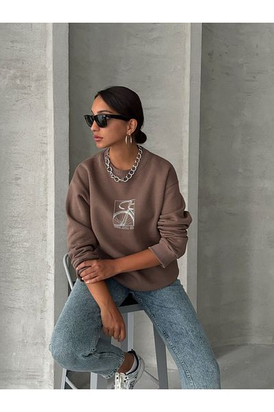 Cappmoda SWT-14269 Καφέ ποδηλατικό ανάγλυφο τυπωμένο τρίκλωνο ανοιχτόχρωμο βασικό φούτερ