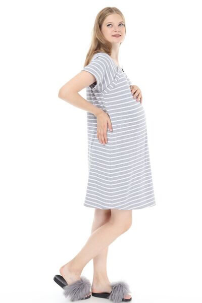 Luvmabelly Myra9580 Νυχτικό εγκυμοσύνης με κουμπωτά στο πλάι - Γκρι ριγέ