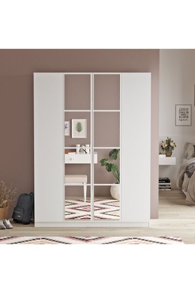 Yurudesign New Home 4 Kapaklı Çekmeceli Aynalı Gardırop Elbise Dolabı Hm2-w