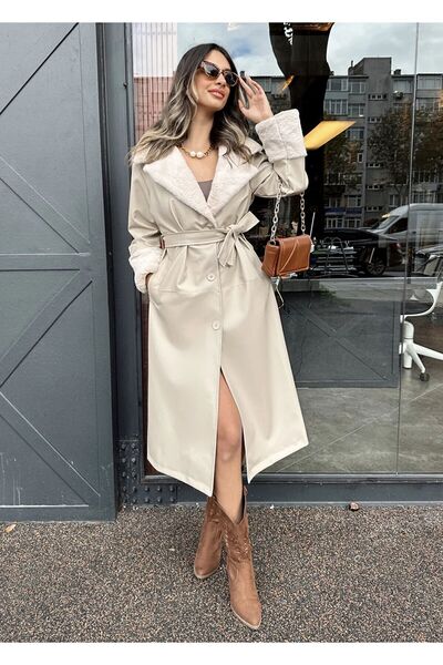 VESS MODA Κομψή δερμάτινη γυναικεία καμπαρντίνα με γούνινο γιακά και μανσέτα