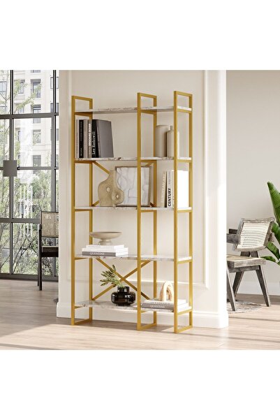 Yurudesign Voyage Gold Metal Kitaplık 5 Raflı 2 Bölme 175cm Mermer Desen Vg4-ge