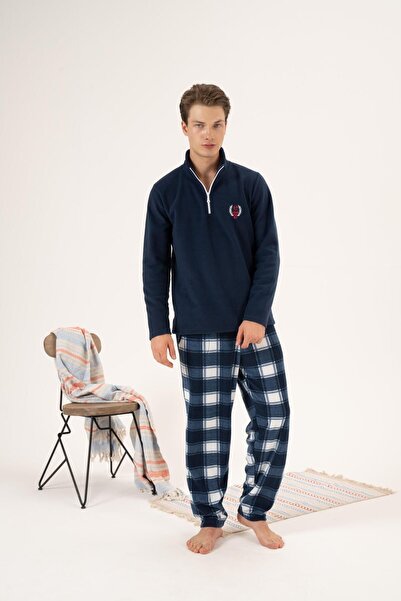 Estiva Erkek Kışlık Fermuarlı Yaka Kareli Alt Polar Pijama Takımı