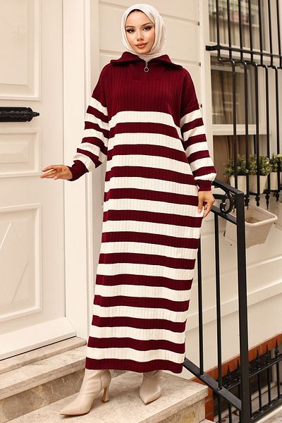 benguen 11042-15 Claret Red Ribbed ριγέ πλεκτό φόρεμα