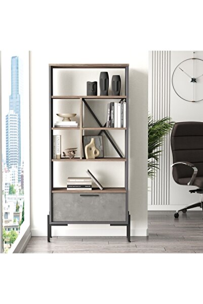 Yurudesign Vista D Ofis Kitaplık Metal Ayaklı Kahve-Beton Antrasit Vs4-cga