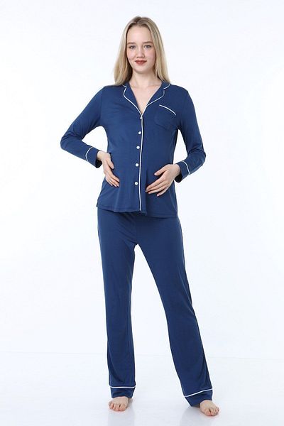 Luvmabelly Myra9551 Buttoned Pile Maternity Pajama Set - indigo