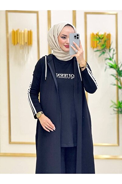 moda4b بدلة حجاب نسائية 3 قطع قماش خيطين n-05115 _ أسود