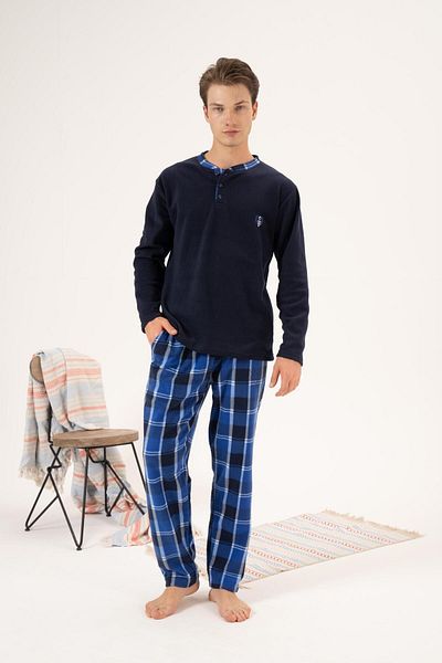 Estiva Men's Winter Fleece Pajama Set - Buttoned Collar, Checkered Bottom