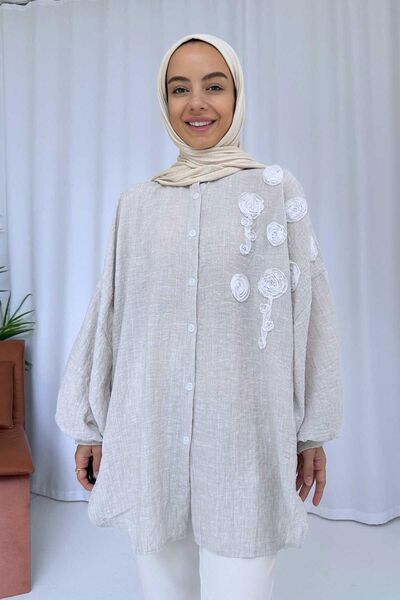 Ka Hijab Beige Oversize Rose Detailed Shirt