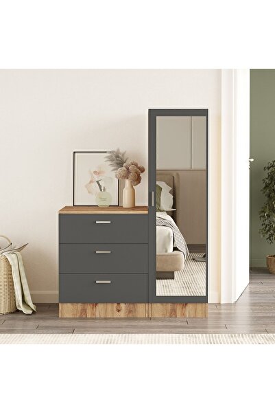 Yurudesign Nancy Aynalı Şifonyer Gardırop Çam-antrasit