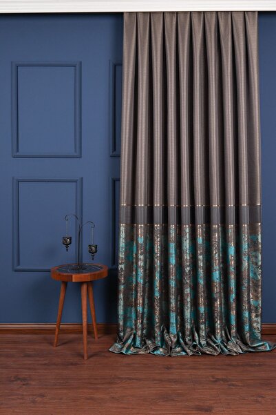 Perdelit Gri-turkuaz-gold Pano Fon Perde Tek Kanat 1 Adet (1/3 Sık Pile)