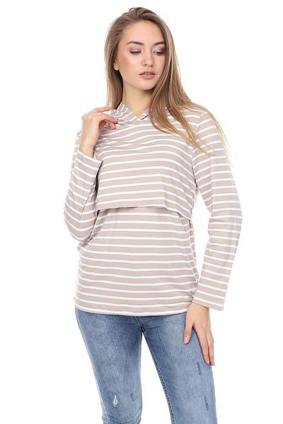 Luvmabelly Myra3522 Beige Striped Hooded Breastfeeding Sweatshirt