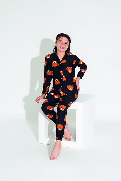 Estiva Black Suede Pajama Set for Girl - Teddy Bear Pattern and Buttoned Front