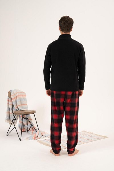 Estiva Checkered Collar and Zippered Men's Fleece Pajama Set - Winter