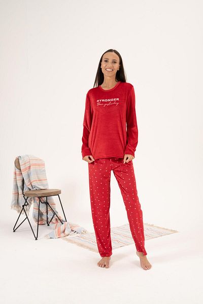Estiva Red Velvet Pajama Set - Heart Patterned Winter Women's Pajamas