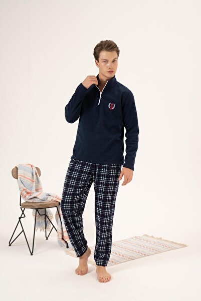Estiva Erkek Kışlık Fermuarlı Yaka Kareli Alt Polar Pijama Takımı Lacivert