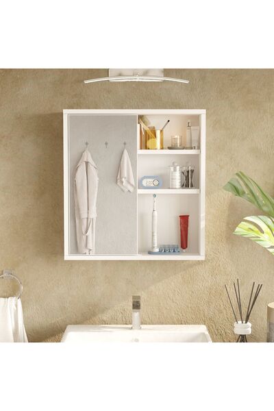 Yurudesign Nova Aynalı Lavabo Üstü Banyo Dolabı Raflı Kapaklı 60cm Beyaz NA1-W