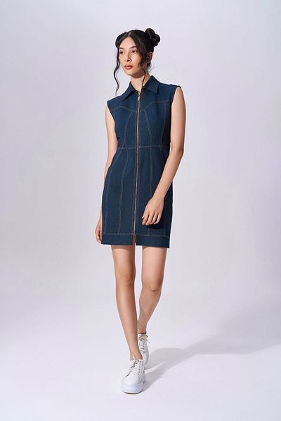 Naar Navy Blue Mini Length Shirt Collar Zippered Casual Dress - Naar91101
