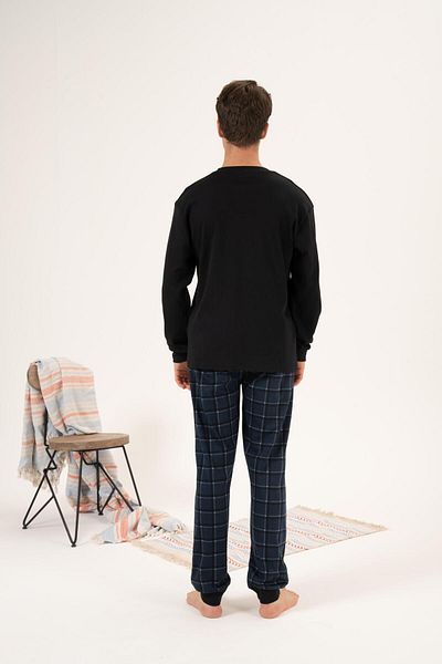 Estiva Men's Winter Black Interlock Pajamas Set - Buttoned Collar, Checkered Bottom
