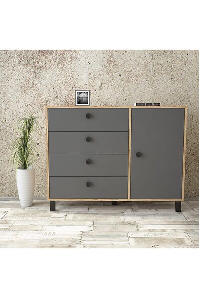 Yurudesign Vilamo Şifonyer Ahşap Ayak, 4Çekmece,Kapaklı, Çam-Antrasit-Siyah Vl81-228