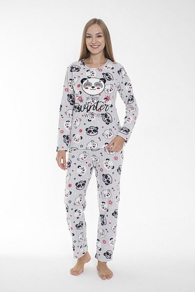 Estiva White Panda Patterned Ribbed Women's Fleece Pajama Set