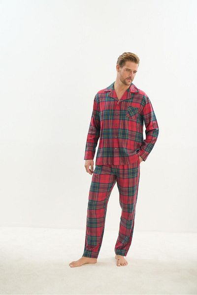 Sevim Men's Red Pajama Set - Long Sleeve, Shirt Collar, Buttoned Front C1T5N5O9