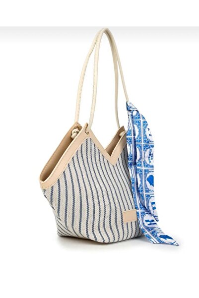 Mercan Women's Linen Shoulder Strap Bag - Cream Color, Zipper and Scarf Detail