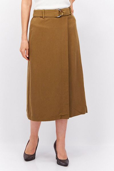 Esprit Women Solid Belted Midi Skirts, Olive
