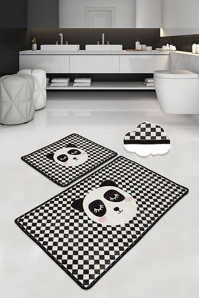 Chilai Home Καρό Panda Σετ 2 Χαλάκια Μπάνιου, Σετ Χαλάκι, Σετ Καθίσματος Τουαλέτας Djtbanyo