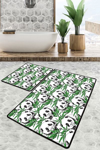 Chilai Home Green Panda - Σετ χαλιών μπάνιου 2 τεμαχίων Σετ καθίσματος τουαλέτας με αντιολισθητική βάση