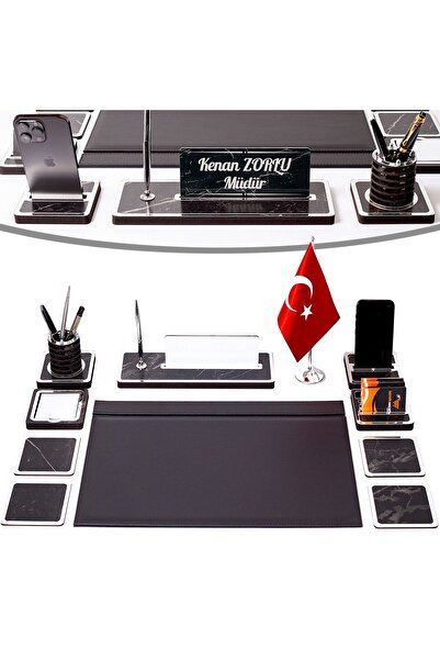 isimliksepeti 11 Parça Türk Bayraklı Mermer Desen Ahşap Sümen Takımı Masa İsimliği Deri Sümen Seti - Gümüş