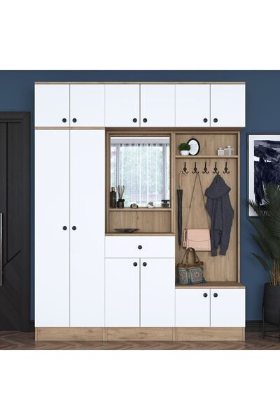 Rani Mobilya Rani Ea108 Portmanto Çekmeceli Aynalı Askılı Vestiyer Sepet Ceviz - Beyaz