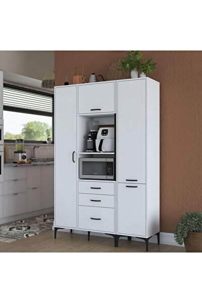 Rani Mobilya Rani JE118 Çok Amaçlı Dolap 4 Kapaklı 3 Çekmeceli Kiler Mutfak Dolabı Beyaz