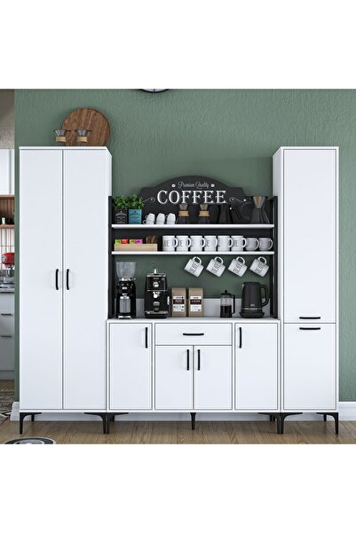 Rani Mobilya Rani Je150 Kahve Köşesi Çok Amaçlı Dolap 8 Kapaklı 1 Çekmeceli Kiler Mutfak Dolabı Beyaz