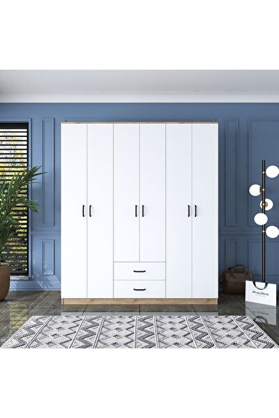 Rani Mobilya Rani Ba113 Geniş Gardırop Elbise Dolabı 6 Kapaklı 2 Çekmeceli 5 Raflı 3 Askılı Sepet Ceviz - Beyaz