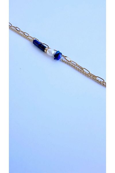 jewine studio Lapis Lazuli and Real Pearl Natural Stone Double Chain Bracelet