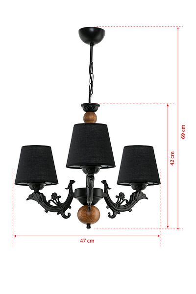 DEDE THREE-ARMED WOODEN BLACK SAVA ZAMAK CHANDELIER WITH BLACK HAT