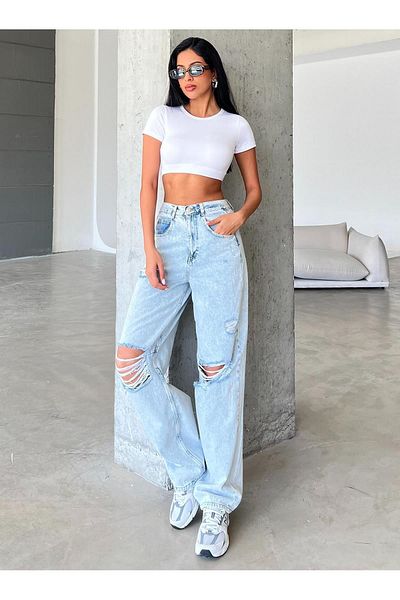 Maule Bequeme Damen-Jeans mit weitem Bein und blauer Wolkenschnalle – lockere Baggy-Jeans @milano