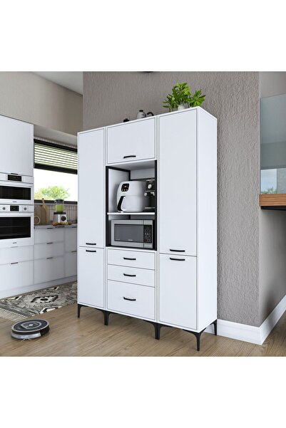 Rani Mobilya Rani JE145 Çok Amaçlı Dolap 5 Kapaklı 3 Çekmeceli Kiler Mutfak Dolabı Beyaz