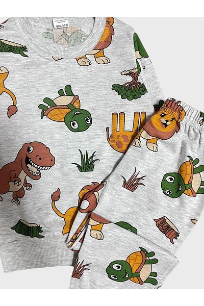 Fil Kids Boy's Gray Dinosaur Lion Patterned Long Sleeve Seasonal Pajamas Set