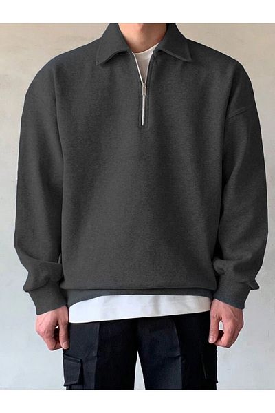 GENIUS STORE Übergroßes Herren-Sweatshirt mit Polokragen – halber Reißverschluss