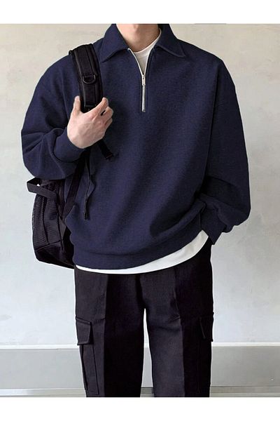 GENIUS STORE Ανδρικό φούτερ με λαιμόκοψη Polo Oversize - Μισό φερμουάρ